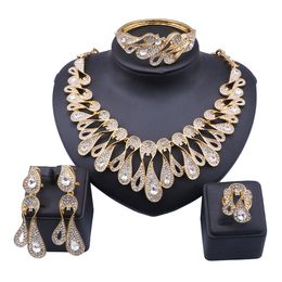 African Fashion Sets Rhinestone Crystal Necklace Bangle Party Elegant Women Earrings Ring Wedding Gift Jewellery Set
