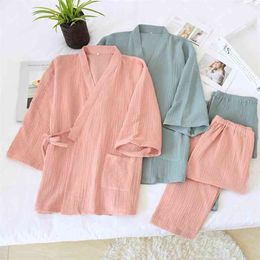 Japanese kimono spring and summer cotton crepe Pyjamas nightgown set plus size couple men's sauna clothes yukata women robe sets 210809