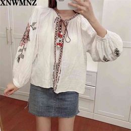 BOHO blouse cotton floral embroidered s tassel long lantern sleeve loose Casual hippie women tops and shirt 210520