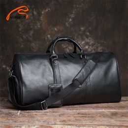 Men's Travel Bag Genuine Leather Casual Hand Luggage High Capacity Duffle Shoulder Shoe Pocket For 15.6 Inch Laptop NUPUGOO 211118