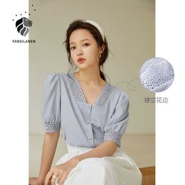 FANSILANEN Office Lady Hollow Lace V-neck Shirt Women Summer Thin Short Sleeve French Sweet Bubble Tops blouse 210607