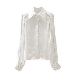 VANOVICH Korean Spring and Summer Women's Lantern Sleeves White Turn-down Collar Satin Shirt Tops 210615