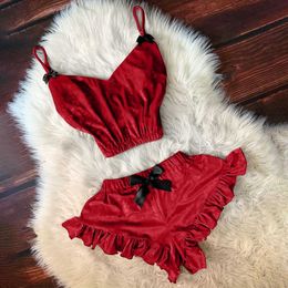 Sexy Lingerie Set Velvet Sleepwear Women's Pyjama Set Sexy Temptation Babydoll Nightwear Bowknot Shorts Set Pijama Nightdress Q0706