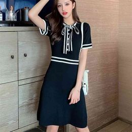 Spring Summer Knitted Dress Bow Tie Stripe Buttons Vintage Party Mini Dresses Women OL Black White Elegant Chic Vestidos 210514