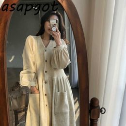 Korean Chic Corduroy Single Breasted Women Dress Long Sleeve Double Pocket V-neck Long Slim Autumn Winter Loose Casual Retro 210610