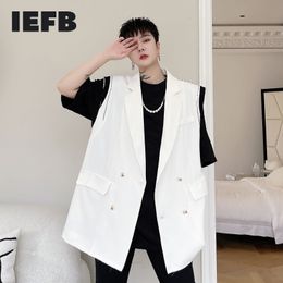 IEFB Spring Summer White Double Breasted Vest Sleeveless Black Oversized Mid Length Waistcoat For Men Streetwear 9Y7275 210524