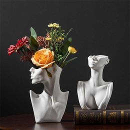 Flowe Pot Creative Home Decor Side Face Figure Vase Decorative Crafts Display Unglazed White Northern European-Style 211215