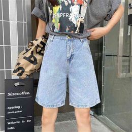 Ailegogo Summer Women High Waist Wide Leg Black Denim Shorts Casual Female Loose Straight Button Jeans Bermuda 210714