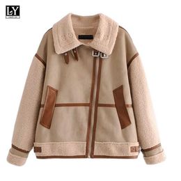 LY VAREY LIN Winter Women Patchwork Lambswool Faux Leather Jacket Motorcycle Casual Turn-down Collar Zipper Coat 210526