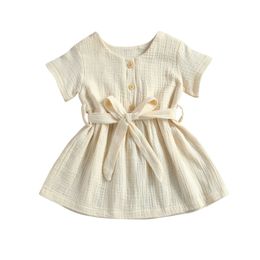2021 0-4Y Summer Holiday Kids Baby Girls Dress Colid Color Short Sleeve Bottum A-line Dress With Belt Cotton Linen Clothes Q0716