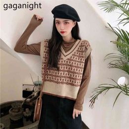 Casual Knitted Sweater Vest V-Neck Argyle Loose Vintage Autumn Winter Cropped Korean 210601