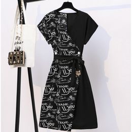 Female Black Letter Print Midi Dresses Women Summer Vintage Plus Size L-5XL Office Ladies Dress With Belt Elegant Party Vestidos 210520