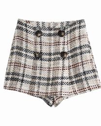 Women Tweed Plaid Double Breasted Empire Waist Checked Shorts ZA Spring Summer Elegant Chic Wide-Legged Shorts 210521