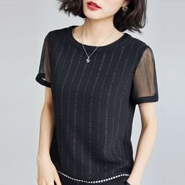 Women Spring Summer Style Chiffon Mesh Patchwork Blouses Shirts lady Casual Short Sleeve Striped Printed Blusas Tops DD8150 210317