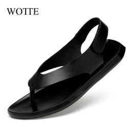 WOTTE Summer Men Leather Sandals New design Fashion Casual Black Slip On Sandals Man Men's Flat Rubber Leather Flip Flops 210323