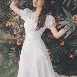 Elegant Fairy Dress Women White French Puff Sleeve Chiffon Dress Korean Japan Style Sweet Vintage Retro Summer Dress 210325