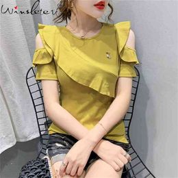 Summer Korean Style Cotton Sloid T-shirt Sexy Fashion Shiny O-Neck Off Shoulder Women Tops Ruffles Casual Slim Tees T13418A 210421