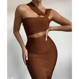 Women Summer Sexy Hollow Out Brown Midi Knee Length Bodycon Bandage Dress 2021 Designer Elegant Evening Party Dress Vestido G1214