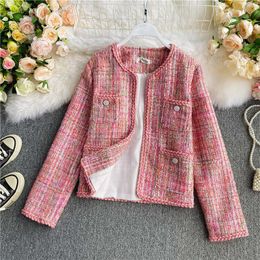 Women's Jackets Autumn Fashion O-neck Long Sleeve Pink Colour Lurex Patchwork Tweed Woollen Short OL Jacket Coat Casacos ML