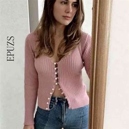 autumn pink Pearl knit cardigan women knitted sweater casual vintage pull femme Sexy winter korean womens s 210521