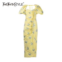 Yellow Print Floral Dress For Women Square Collar Puff Short Sleeve High Waist Ruched Slim Maxi Dresses Female 210520