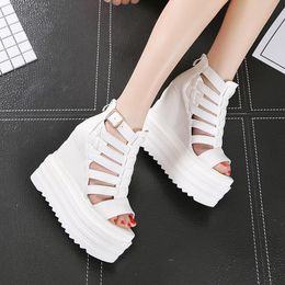 European Fashion Women's Shoes 2021 Spring Summer Open Toe Shoe Elevator Platform Wedges Sandals Female Zipper Flat