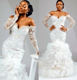 2022 Plus Size Árabe ASO EBI Sereia Sexy Weddy Dress Ruffles Cathedral Train Frisado Lantejoulas Rendas Rendas Vestidos Brides Vestidos