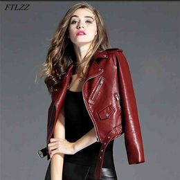 Spring Autumn Soft Pu Leather Short Jacket Women Red Motorcycle Coat Female Faux Parkes Outwear With Belt 210430