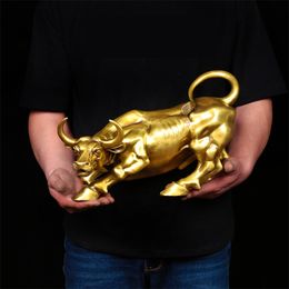 100% Brass Bull Wall Street Cattle Sculpture Copper Cow Statue Mascot Exquisite Crafts Ornament Office Decoration Business Gift 210827