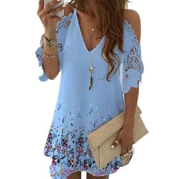 Half Sleeves Print Floral Dres Causal Off Shoulder Midi Female V Neck Lace Casual Sling Party es Plus Size 210623