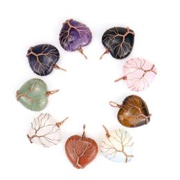 Healing Crystal Natural Stone Heart Charms Necklaces Copper Twine Tree of life Wire Wrap Pendant Turquoise Amethyst Tiger Eye Rose Quartz Wholesale Jewellery gift