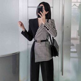 Autumn And Winter Korean Style OL Temperament Slim Stitching Houndstooth Suit Collar Professional Jumpsuit Women 210514
