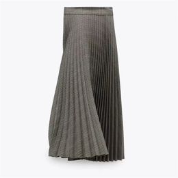 women pleated check skirt beige A-line midi with invisible side zip fastening High quality 210520