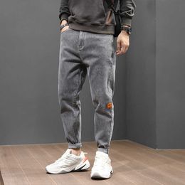 Korean Style Fashion Men Jeans Retro Gray Loose Fit Elastic Spliced Designer Casual Harem Pants Streetwear Hip Hop