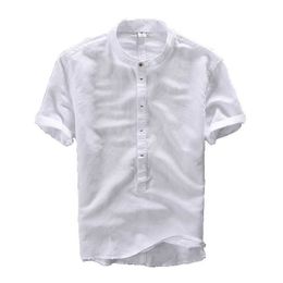 T Shirts Men Short Sleeve Cotton Linen Casual Tops Mandarin Collar Solid Colour Tees Male Summer Clothing Harajuku 210601