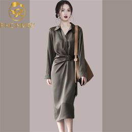 Elegant Stain Office Shirts Dress Long Sleeve Single Breasted Chic Female Straight Sashes Spring Summer 210506