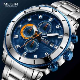 MEGIR Men's Blue Dial Chronograph Quartz Watches Fashion Stainless Steel Analogue Wristwatches for Man Luminous Hands 2075G-2 210329