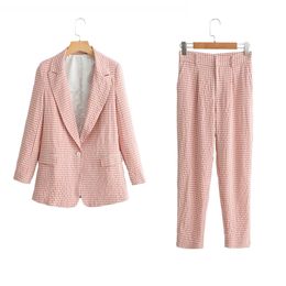 Women Office Lady Summer Plaid Pant Suits Long Sleeve Single Button Blazers Coats and Pants Two pieces Sets Female Clothes 210513