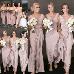 2021 Vintage Erröten Rosa Lange Brautjungfern Kleider Tiefem V-ausschnitt Strand Hochzeit Gast Brautjungfer Kleid Sexy Vestido de invitado