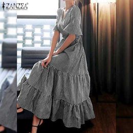 Plus Size ZANZAE Vintage Women's Ruffle Dress 2021 Summer Short Sleeve Maxi Vestidos Casual Plaid Long Sundress Holiday Robe 7 Y0603