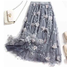 Luxury Woman Skirts Korean style Fashion Elastic Waist Appliques Embroidery Floral Mesh Long Gauze Ball Gown 210619