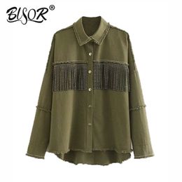 Vintage Stylish Fringe Beaded Loose army green Denim Jacket Coat Women Long Sleeve Frayed Trim Ladies Outerwear Chaqueta Mujer 210430