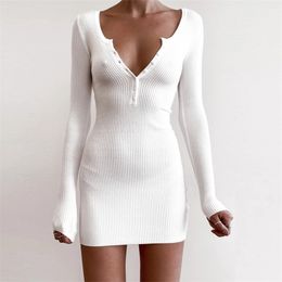 Sexy Solid Low-cut Women Mini Dress Spring Autumn Button Decor V-Neck Long Sleeve High Waist Bodycon Wrap Hips Pencil 210522