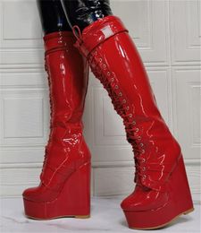 Western Fashion Round Toe Patent Leather Knee High Wedge Boots Red Black Lace-up Height Increasing Wedges Big Size Heels