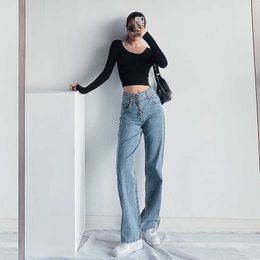 WOMENGAGA High Waist Wide Leg Pant's Autumn Two Button Straight Loose Skinny Jeans Denim Trousers JP1P 210603