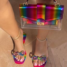 Women Summer Slippers with Shouder Bags Fashion Rainbow Color Sandals and Crossbody Bag