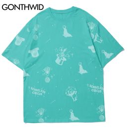 Tees Shirts Circus Bear Rabbit Dolphin Print Tshirts Streetwear Mens Harajuku Fashion Casual Cotton Short Sleeve Tops 210602