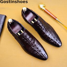 Dress Shoes Luxury Men Leather Cowhide Crocodile Printed Slip-on Pointed Toe Oxfords Formal Office Party