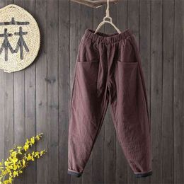 Arrival Arts Style Autumn Winter Women Elastic Waist Loose Warm Cotton Pants Vintage Solid Linen Harem S461 210512