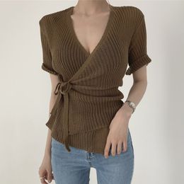 Korean sexy elegant slim V-neck side cross tie waist t-shirt tops female short-sleeved sweater top t-shirt women 210514